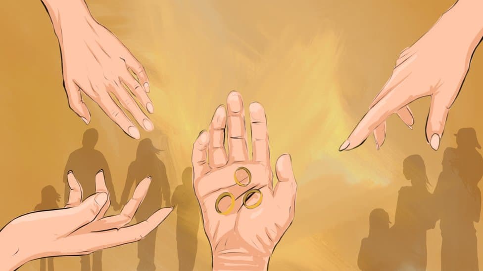 Poligamija i brak: Zbog čega žene u Kirgistanu pristaju na ulogu druge žene 4 Risunok: tri kolьca na mužskoй ruke, k kotorыm tяnutsя ženskie ruki