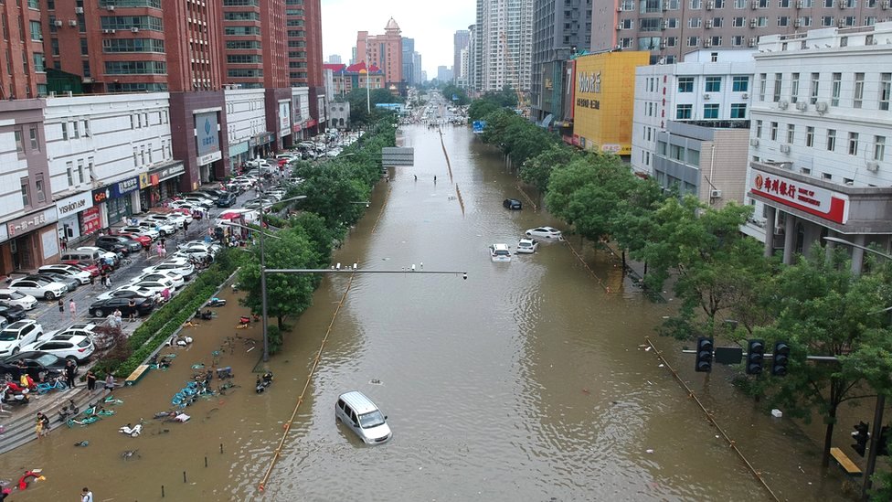 An aerial view shows a flooded road section following heavy rainfall in Zhengzhou