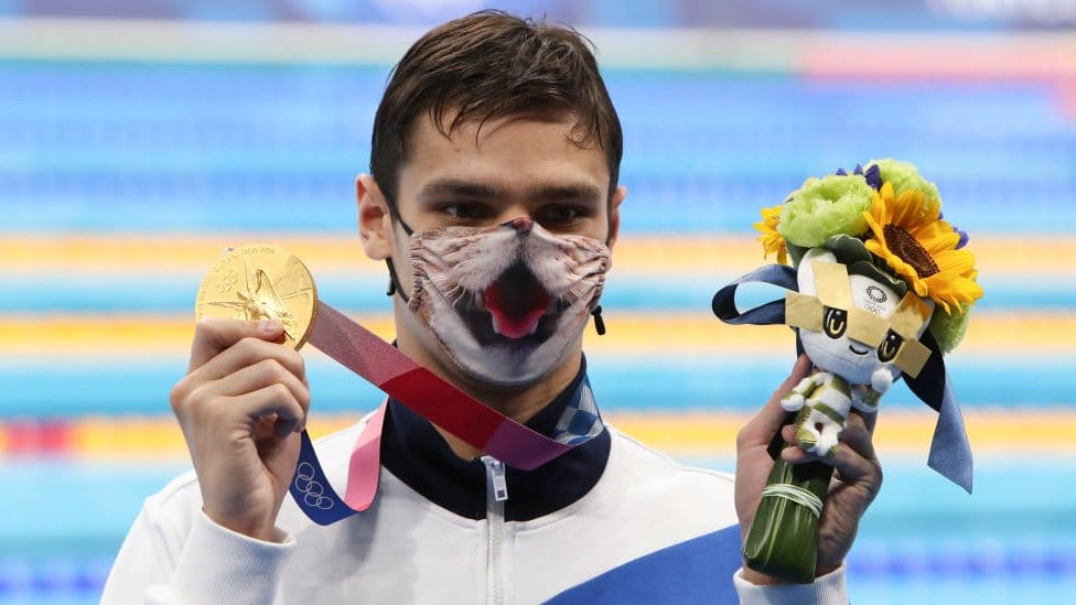 Gold Medalist Evgeny Rylov of Russia during the medal ceremony of the 200m Backstroke final on day seven of the swimming competition of the Tokyo 2020 Olympic Games