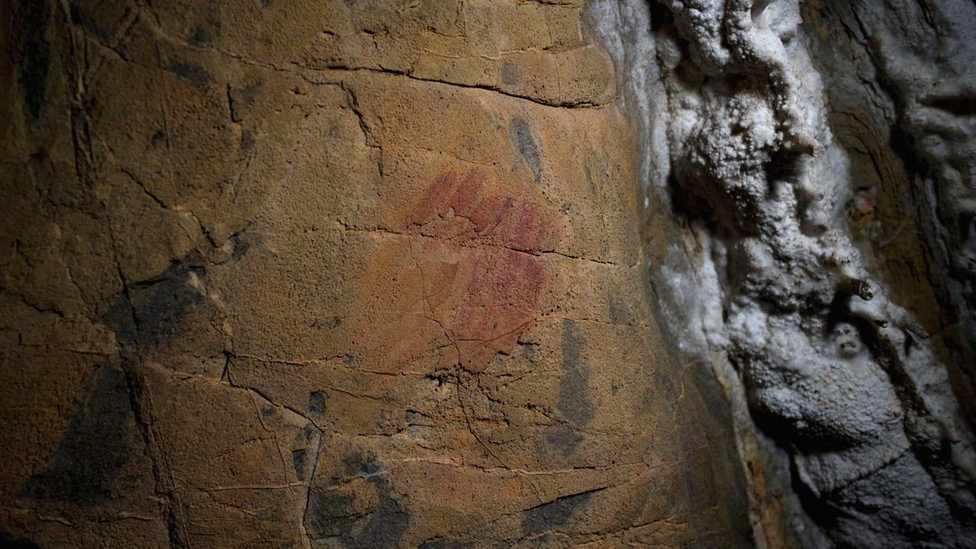 Picture said to show Neanderthal cave-paintings inside the Andalusian cave of Ardales in Spain