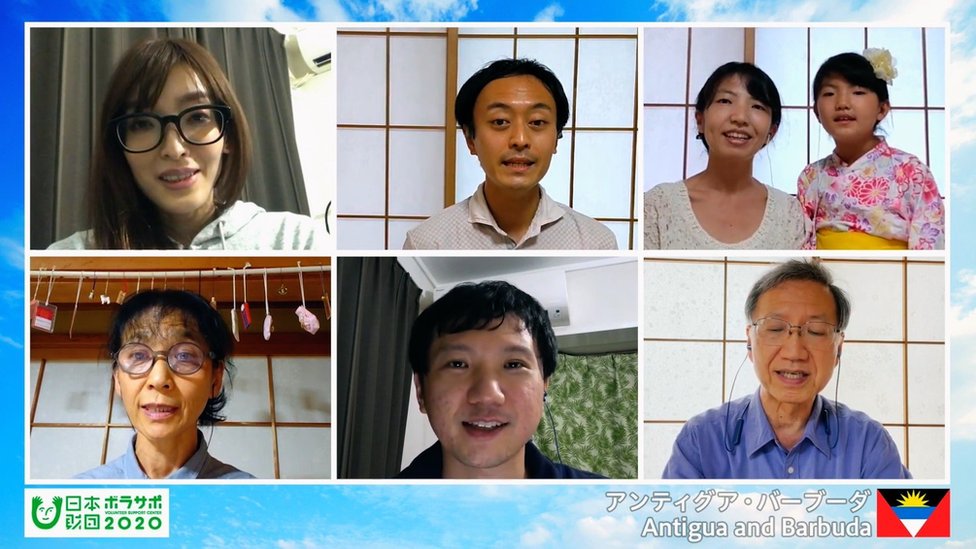 Screenshot of a video on YouTube that shows seven Japanese people on a split screen singing.