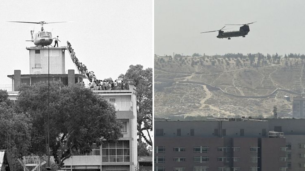 Rat i Avganistan: Državljani Srbije na aerodromu u Kabulu, fotografija koja svedoči o muci Avganistanaca 6 Composite image of a helicopter landing on the roof of the US embassy in Kabul in 2021 and a helicopter parked on the roof of the US embassy in Saigon in 1975