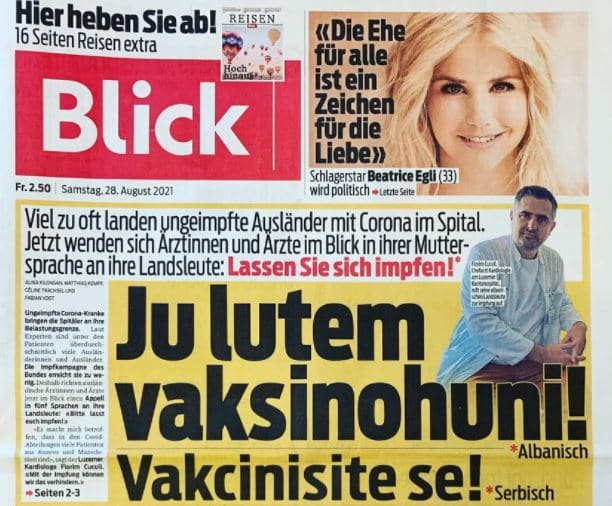 Švajcarski list "Blick" pozvao na vakcinaciju na različitim jezicima, među njima i srpski 2