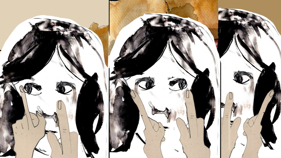 Illustration of fingers in front of a girl's face with her eyes moving left to right