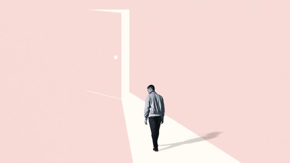 Illustration showing a man approaching a door ajar