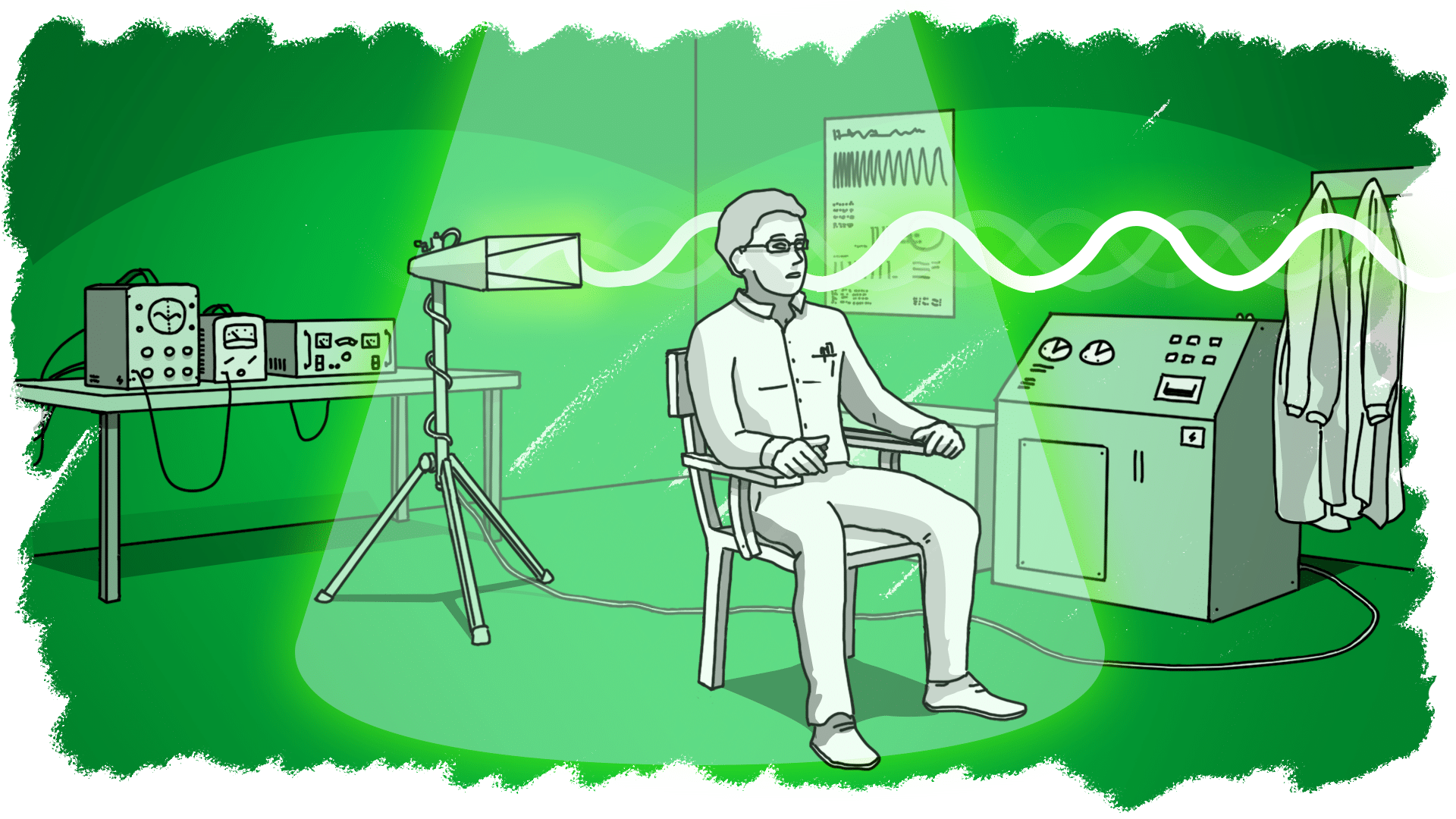 Illustration of man undergoing an experiment on his brain