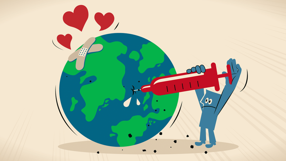 Illustration showing a person injecting planet Earth with love