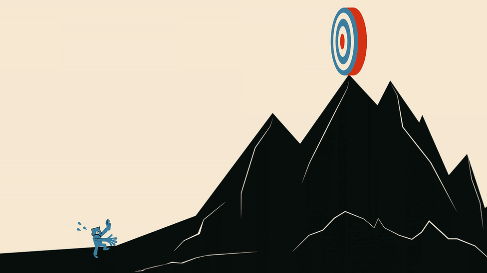 Illustration showing a person at the foot of a big hill with the target on top