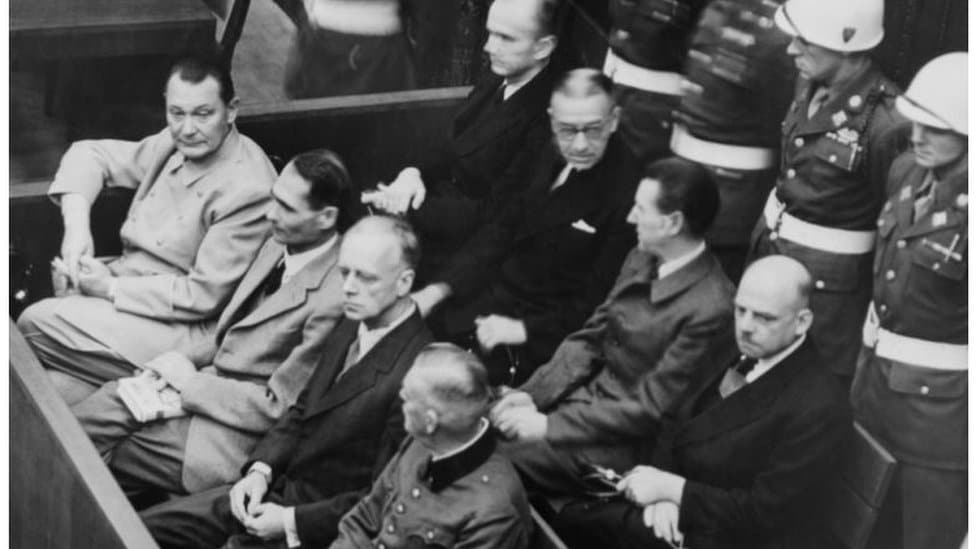Nazis at the Nuremberg Trials: Goering, Hess, von Ribbentrop, and Keitel in front row