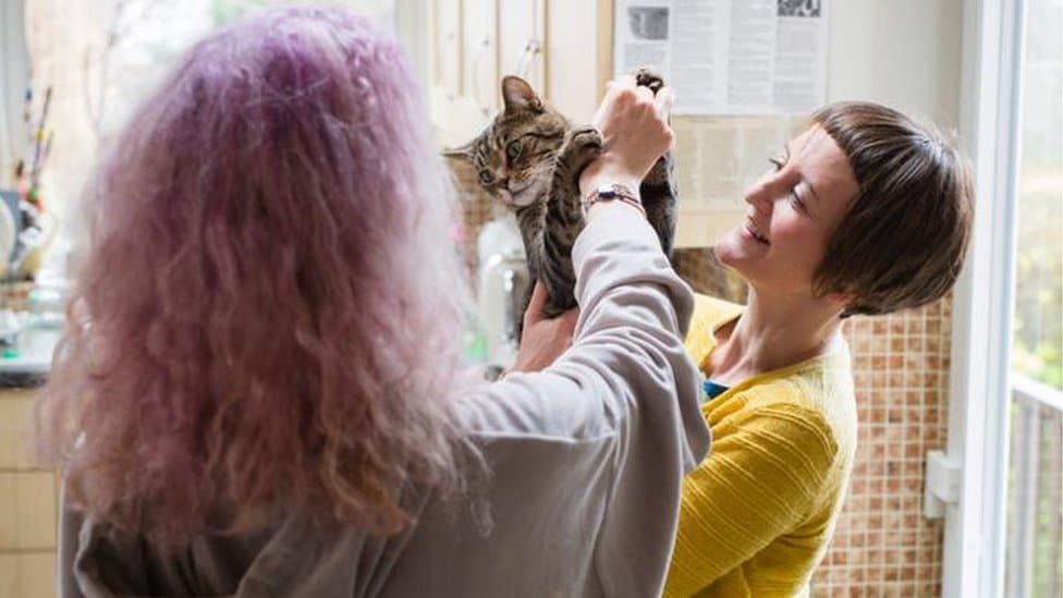Rachel and her daughter play with a cat