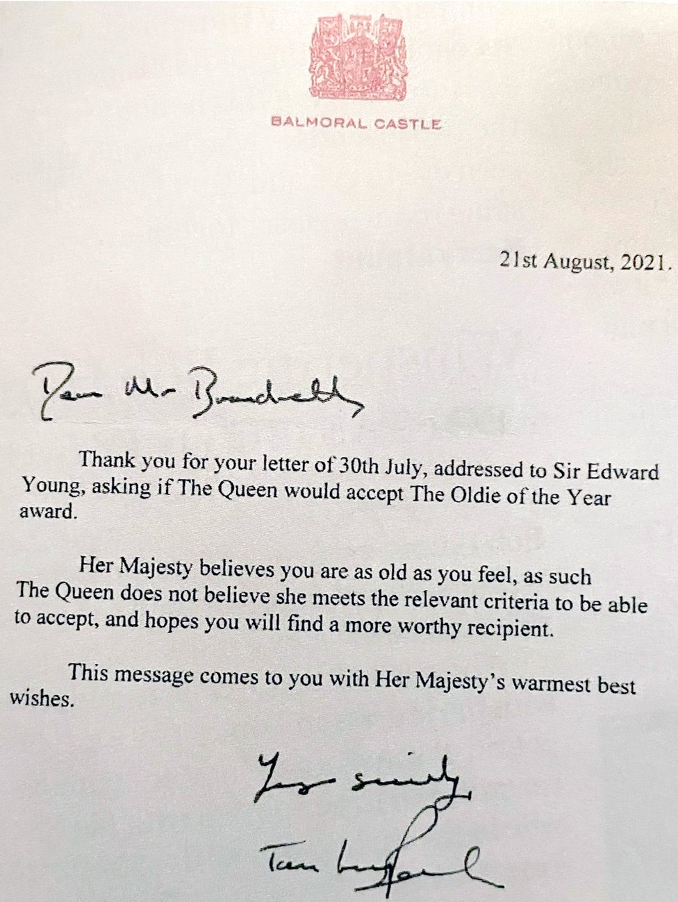 Letter from the Queen's assistant private secretary to the Oldie magazine
