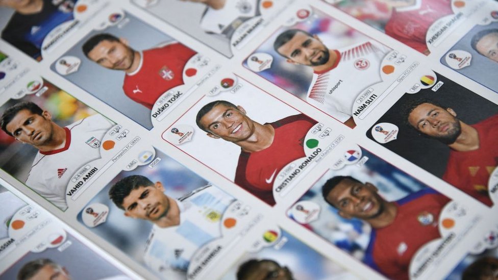 Portugal's forward Cristiano Ronaldo among other stickers of football players for the 2018 World Cup in Russia