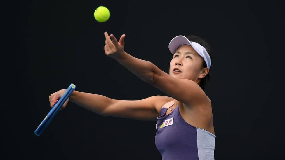 Peng Shuai of China in action during her Women's Singles first round match against Nao Hibino of Japan on day two of the 2020 Australian Open at Melbourne Park on January 21, 2020 in Melbourne, Australia.