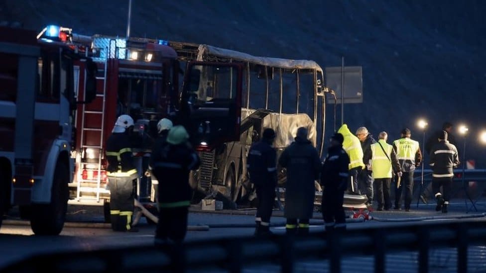 A burnt out bus on a motorway in Bulgaria. Photo: 23 November 2021