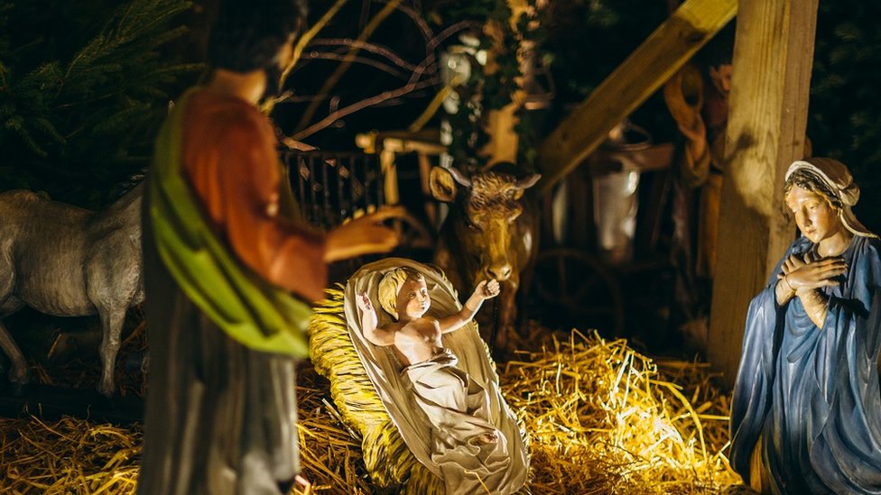 Nativity scene on the streets Strasbourg with Jesus, Mary Jospeh
