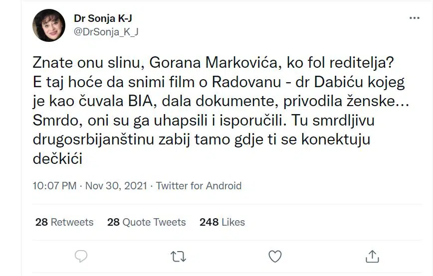 Vulgarne uvrede ćerke Radovana Karadžića na račun Gorana Markovića 2
