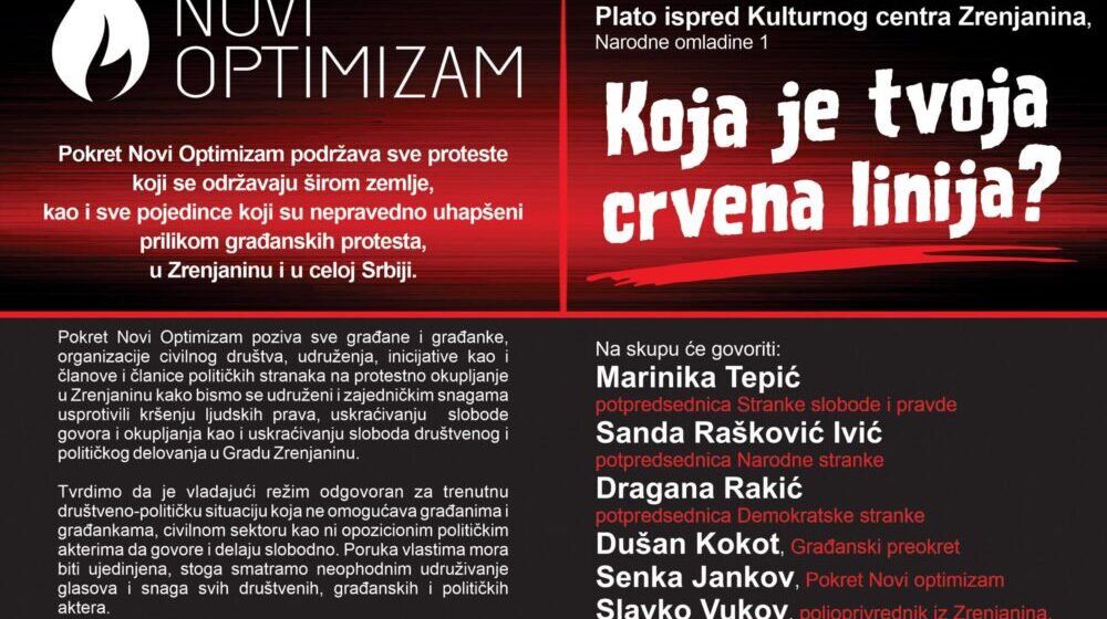 Novi optimizam: Protestno okupljanje pod sloganom „Koja je tvoja crvena linija?" u Zrenjaninu 5. decembra 1