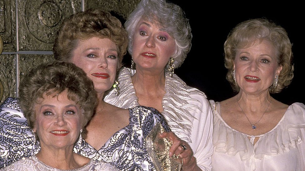 (Left to right) Estelle Getty, Rue McClanahan, Bea Arthur and Betty White celebrate 100 episodes of the Golden Girls