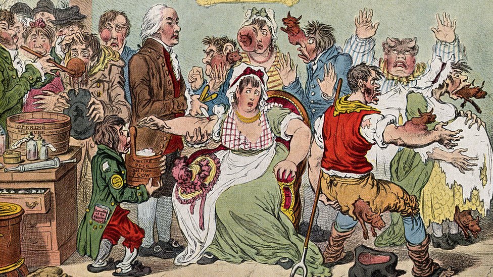 Korona virus i vakcina: Kako su antivakcinaši vršili uticaj na svet kroz istoriju 1 James Gillray's cartoon of people sprouting cows from their arms and heads, someone who has grown horns out of their head and people queuing to drink a potion