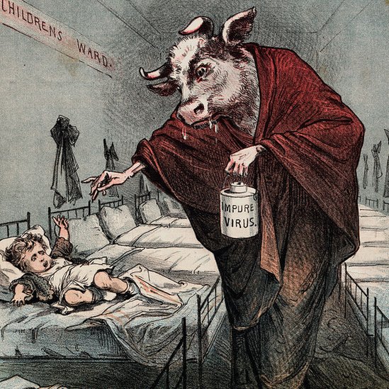 Korona virus i vakcina: Kako su antivakcinaši vršili uticaj na svet kroz istoriju 16 A drawing of a cow with human hands sprinkling something on a child in bed while holding a jar labelled "Impure virus"