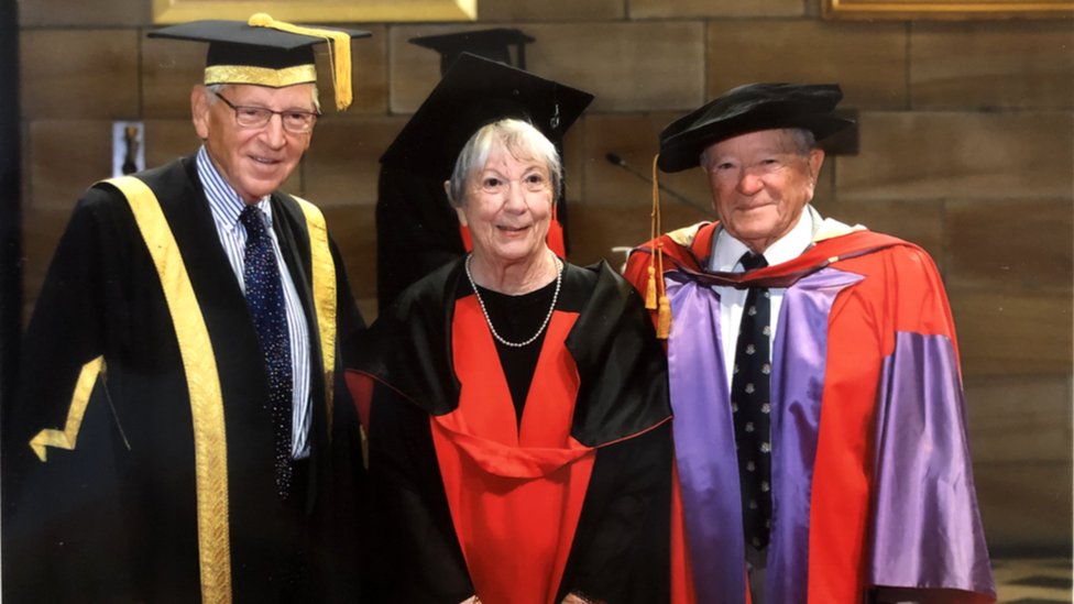 Dr Ruth Wilson, 88, with her husband Dr David Wilson (L) and Chancellor Dr Barry Catchlove who presented the graduation certificates