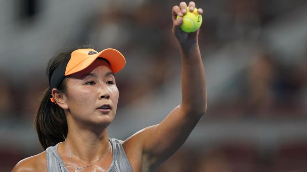 Peng Shuai of China in action against Daria Kasatkina of Russia during women's singles first round match 2019 China Open - Day 1 on September 28, 2019 in Beijing, China