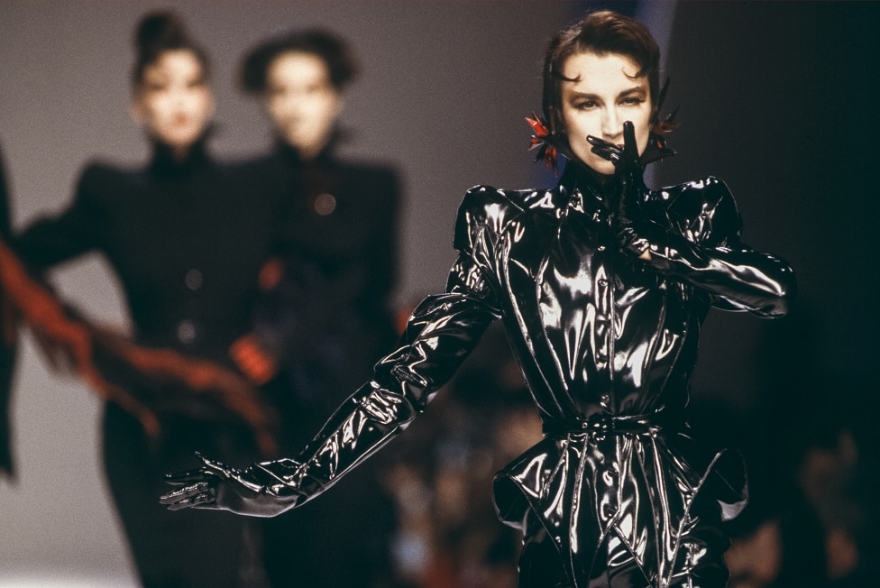 A model wears one of Mugler's distinctive creations in the late 1980s