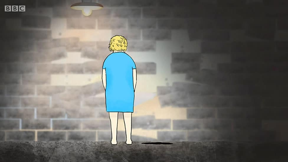 Drawing of Eva with the walls of Auschwitz falling