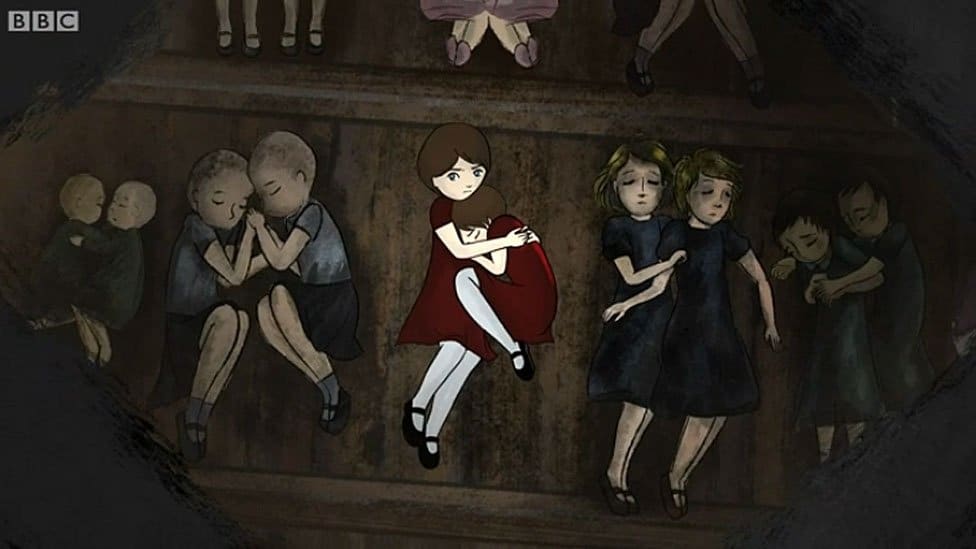 A drawing of Eva hugging her sister on the floor, with other pairs of twins