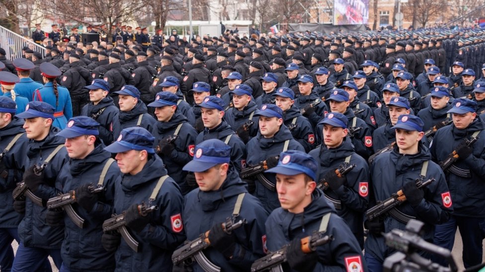 Police march during parade celebrations to mark their autonomous Serb Republic"s national holiday, in Banja Luka, Bosnia and Herzegovina, January 9, 2022