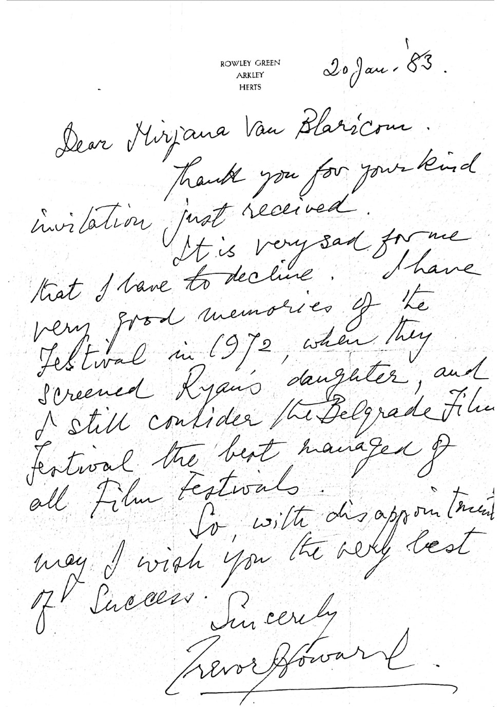 Film i Jugoslavija: Kako je FEST postao prozor u svet i ko je sve bio gost Beograda 3 Trevor Hauard pismo