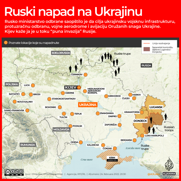 Infografika: Mapiranje ruskih napada u Ukrajini i poređenje vojski Ukrajine i Rusije 2