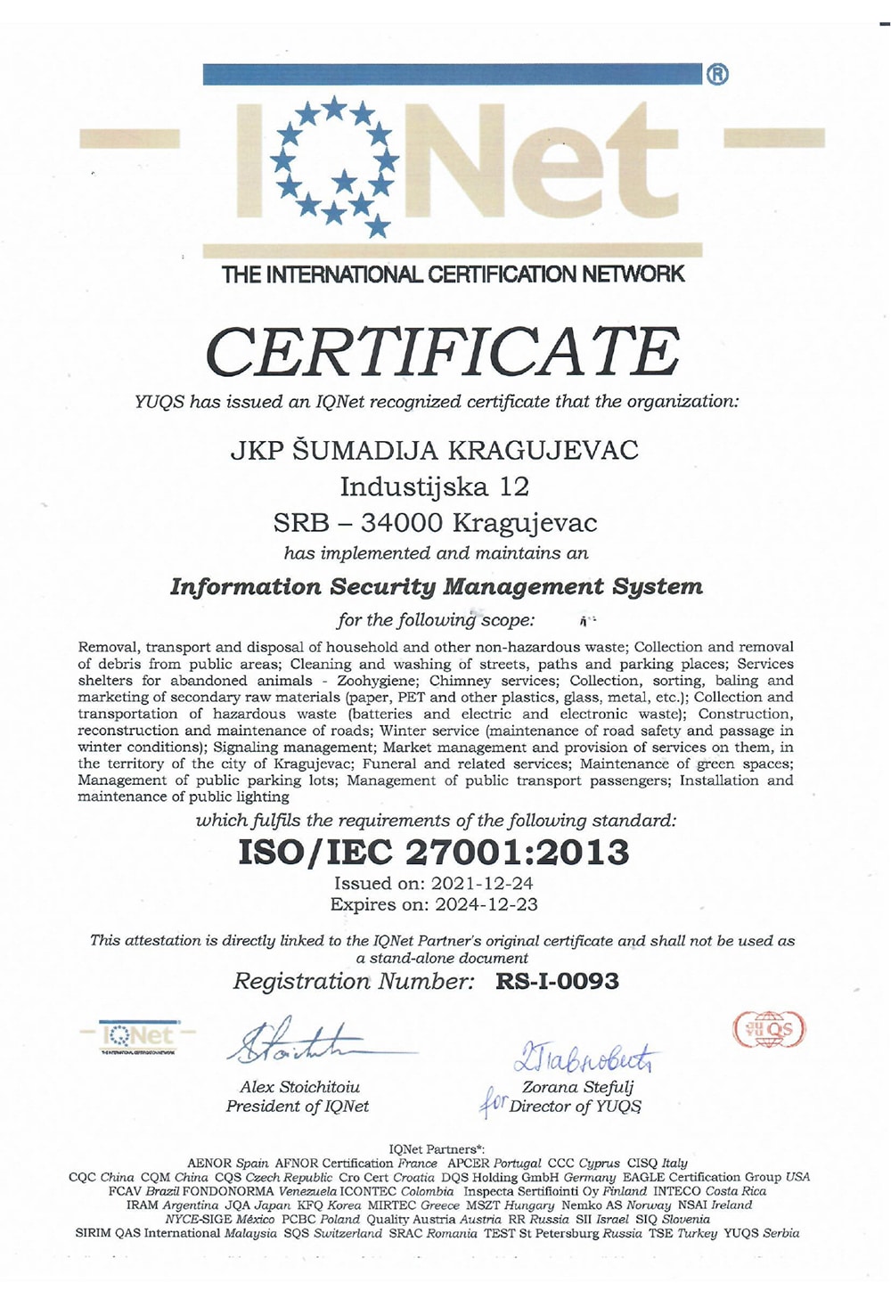 JKP Šumadija Kragujevac u svoje poslovanje implementiralo standard ISO 27001 2