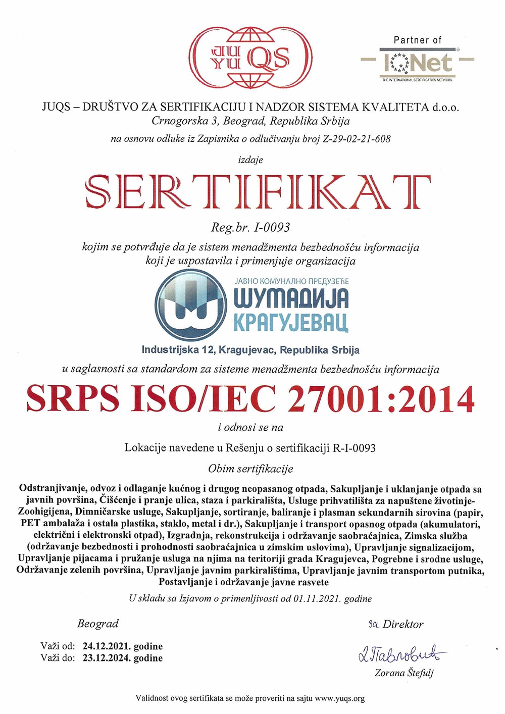 JKP Šumadija Kragujevac u svoje poslovanje implementiralo standard ISO 27001 3