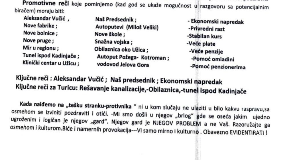 U uputstvu SNS-a za kampanju od vrata do vrata domovi građana koji ih ne podržavaju nazvani "brlogom", užički SNS demantuje verodostojnost papira 1