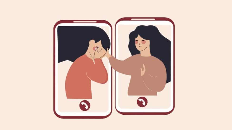 An illustration of two women in phones, one crying and the other comforting