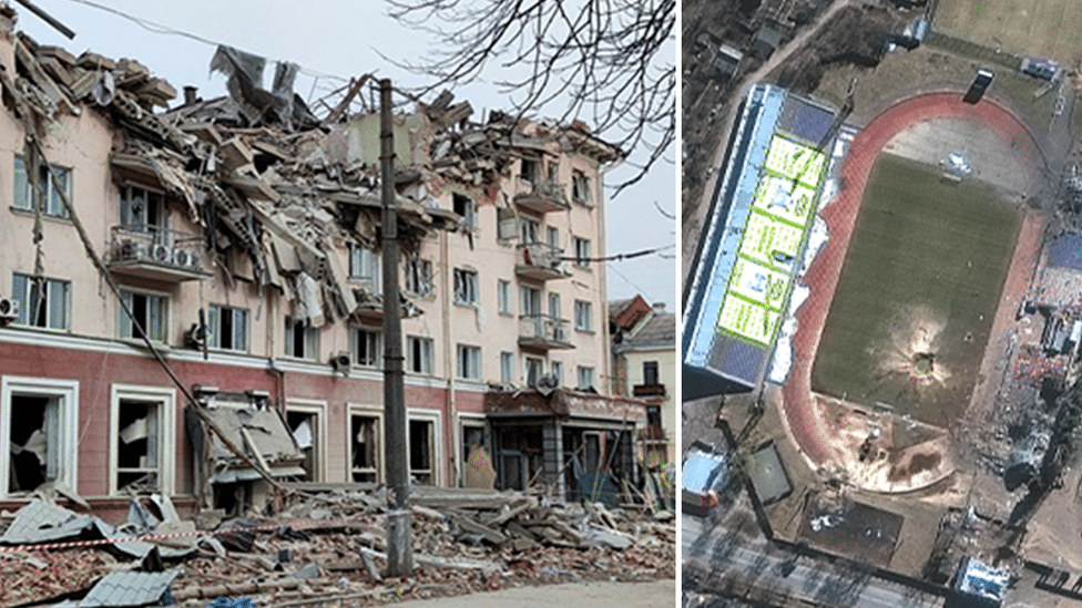 Ukrajina i Rusija: Otkrivaju li napadi u Černigovu ruski način ratovanja 8 A photo of the destroyed Hotel Ukraine next to a satellite image of the sports stadium in Chernihiv with a large bomb crater on the pitch