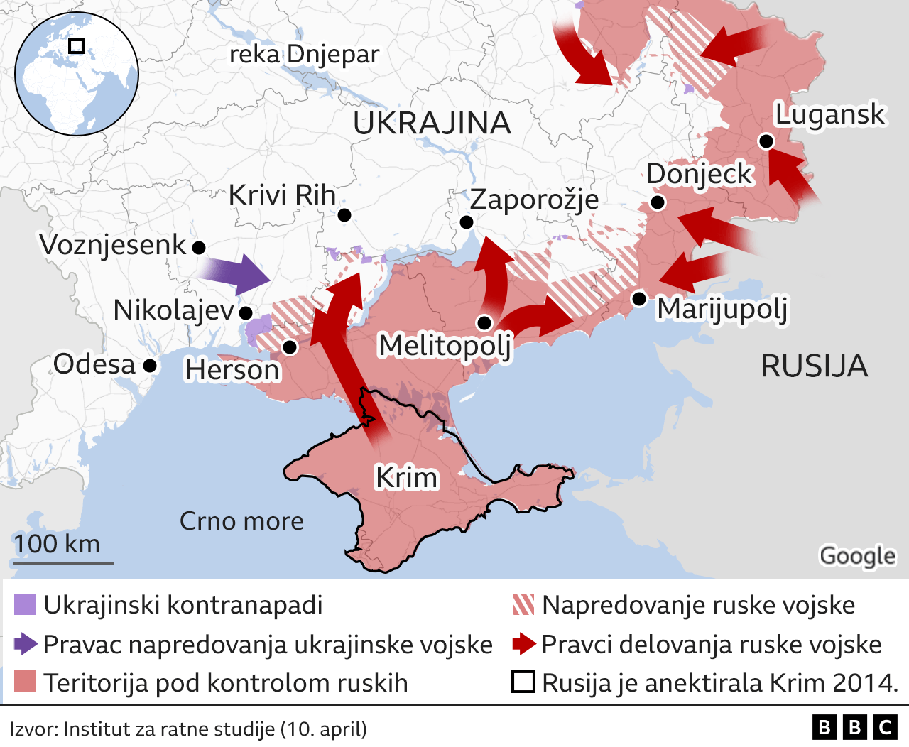Ukrajina, Rusija, mapa južne Ukrajine - 10. april