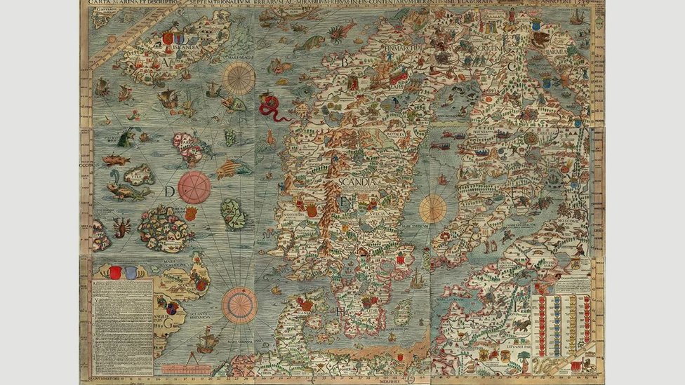 Kitovi neobičnog izgleda mogu se videti Karti marini nordijskih zemalja Severne Evrope iz 16. veka