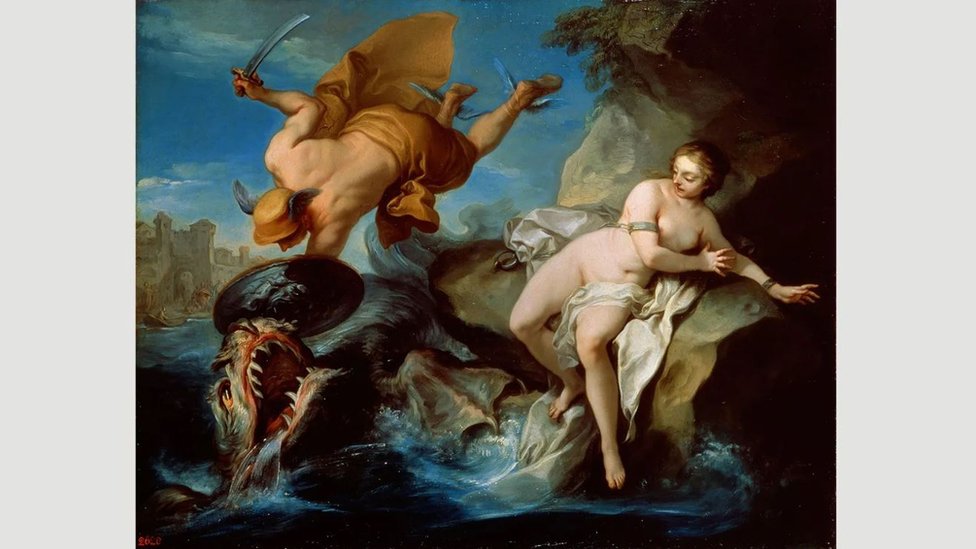 U grčkoj mitologiji, Andromeda je vezana za stenu kao žrtva morskom čudovištu Kitu (Cetus)
