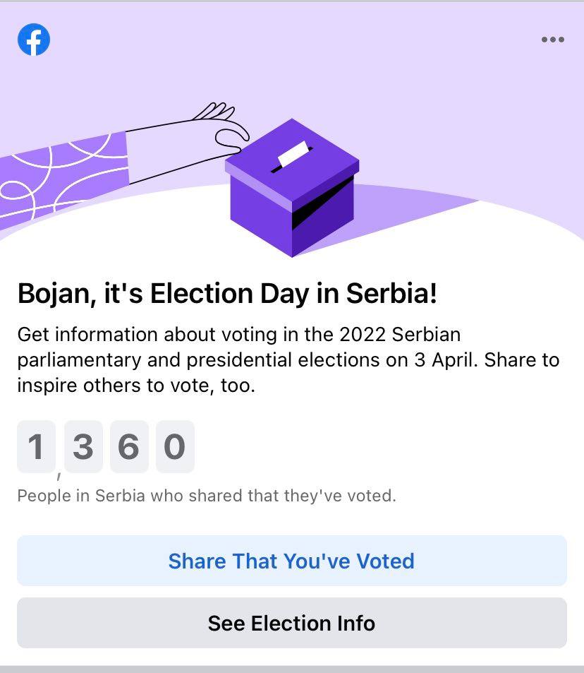 Fejsbuk stavio obaveštenje o izborima i broj koliko je ljudi kliknulo da je već glasalo 1