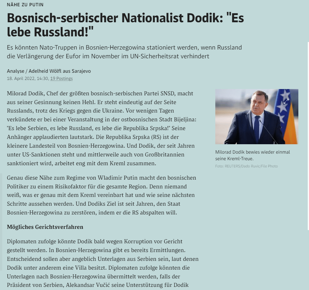 Der Standard: Nacionalisti u BiH, uz podršku Srbije, Rusije i delom Hrvatske, žele da nastave sa uništavanjem BiH 2