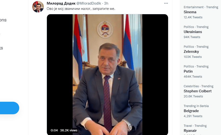 Dodik otvorio Tviter nalog, želi "razmenu mišljenja" sa svima 1
