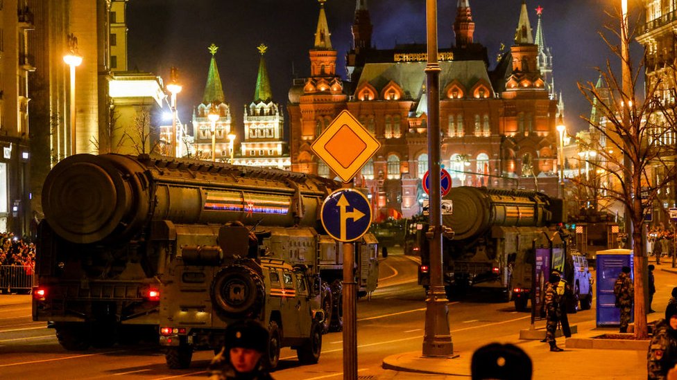 Missiles are driven through Moscow in preparation for the 9 May parade