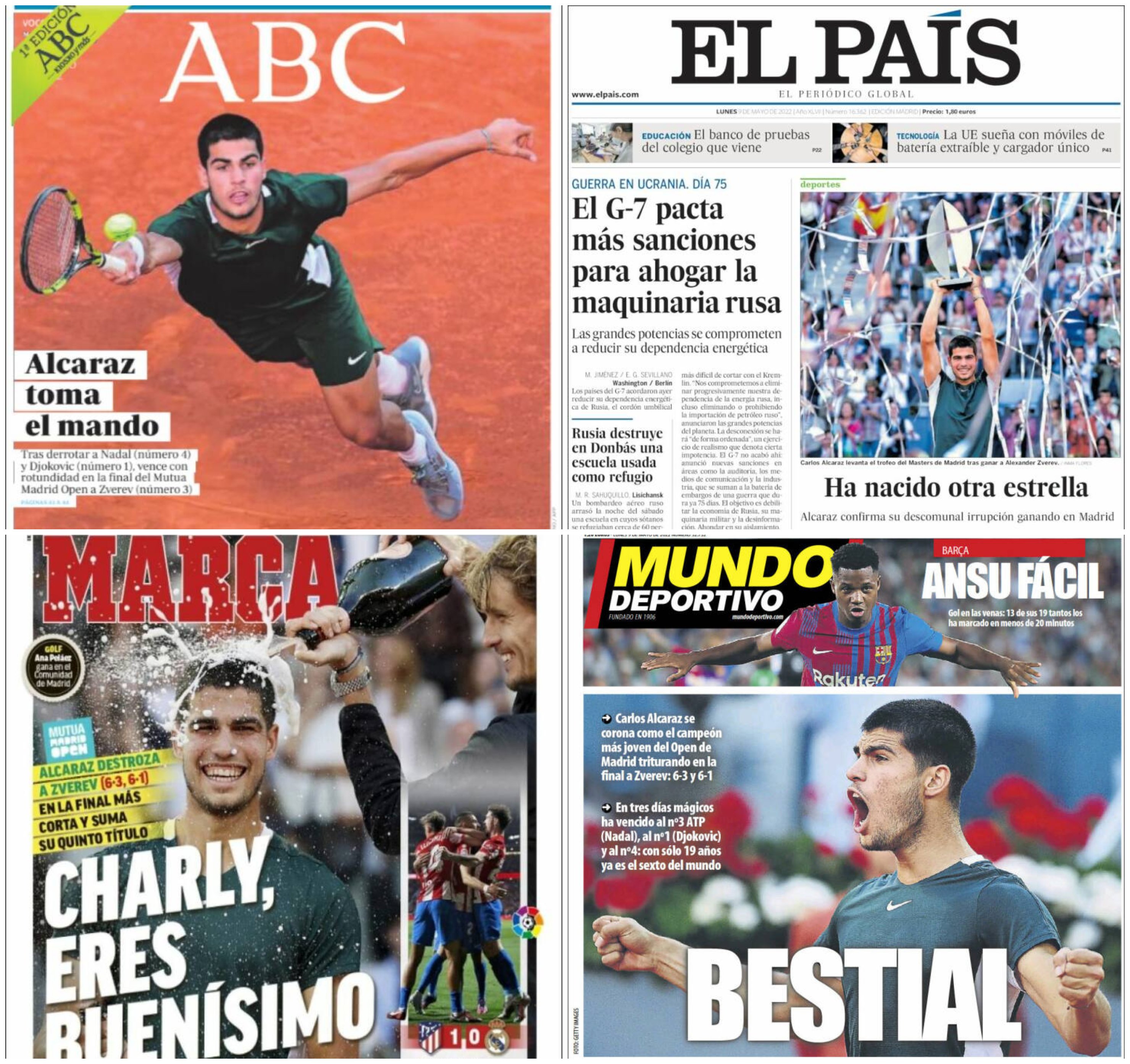 Tenis i Rolan Garos: Hoćemo li dobiti novog „Kralja šljake" - ko je Karlos Alkaraz 4 Front pages of Spanish newspapers after Carlos Alcaraz's victory at the Madrid Open