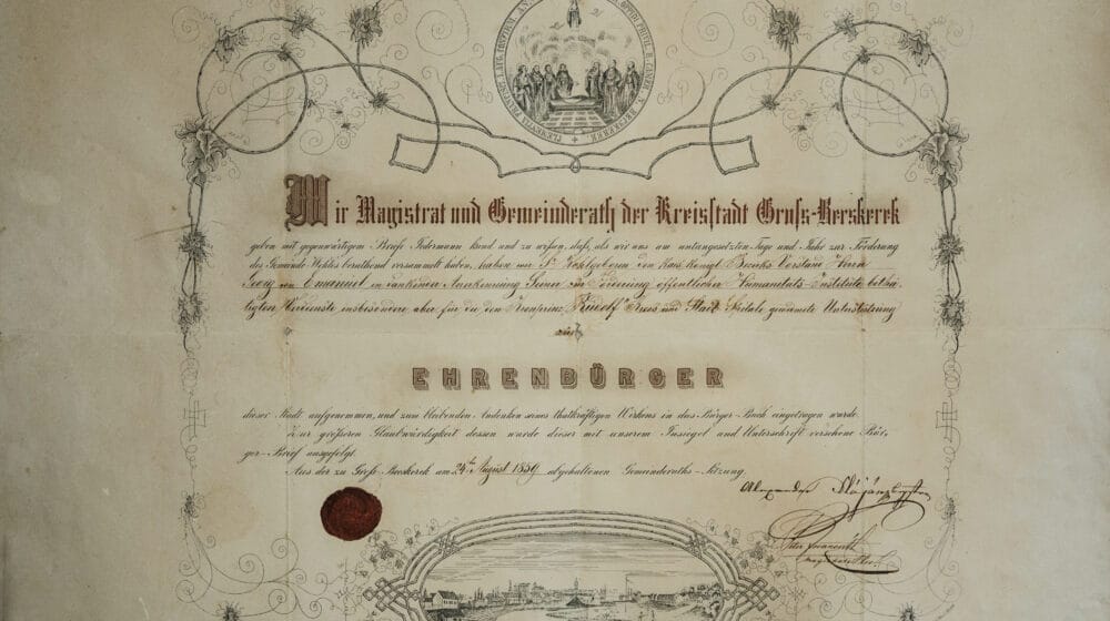 Kome je i kada data najstarija povelja o počasnom građaninu u Zrenjaninu 1