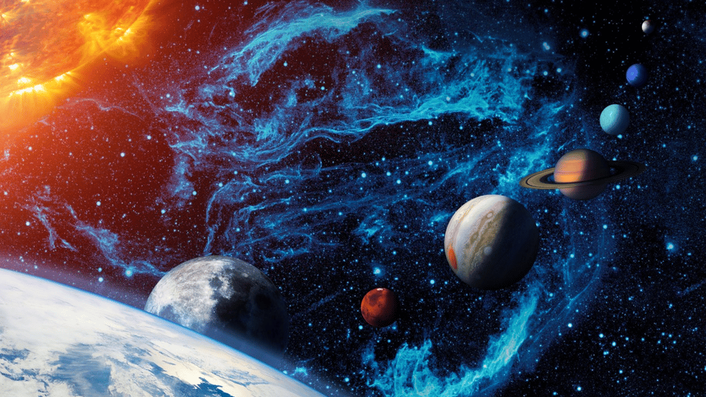 An artist's impression of planets viewed from space in a line with Earth and the Sun in view
