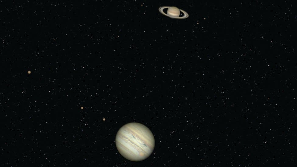 Jupiter and Saturn viewed in the night sky through a telephoto lens