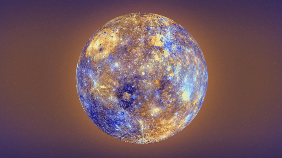 Mercury with computer enhanced craters, glowing in space