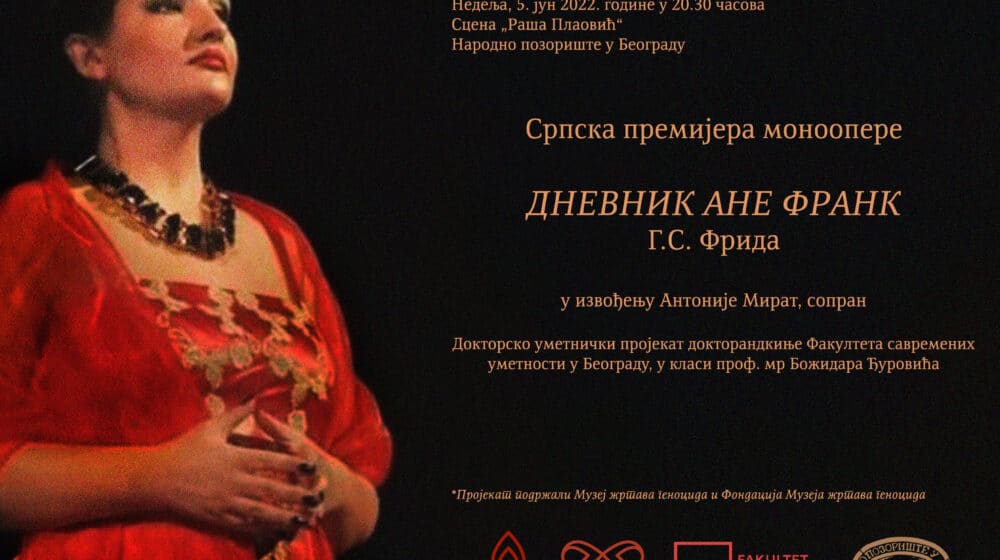 Premijera monoopere „Dnevnik Ane Frank“, večeras u 20.30, na sceni „Raša Plaović“ Narodnog pozorišta 1